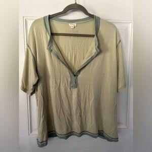 POL Beige and Teal Short Sleeve Top